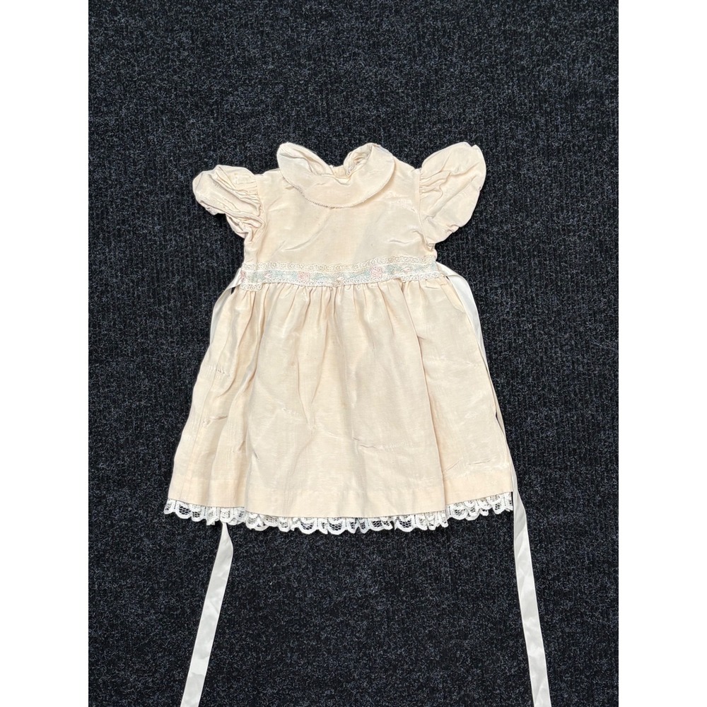 Vintage Thomas Baby Girl Cream Satin Lace Floral Dress Heirloom 12-18M